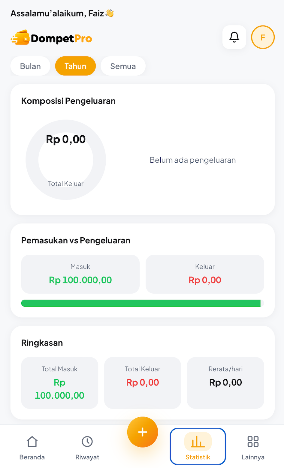 Screenshot layar Statistik DompetPro
